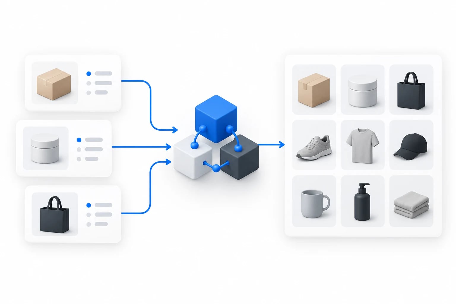 Concept illustration of product information flowing toward a WooCommerce catalog; not a screenshot of the delivered project.